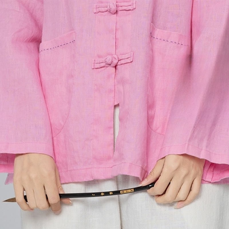 Solid Color Frog-button Long Sleeve Linen Women's Shirts With Pockets