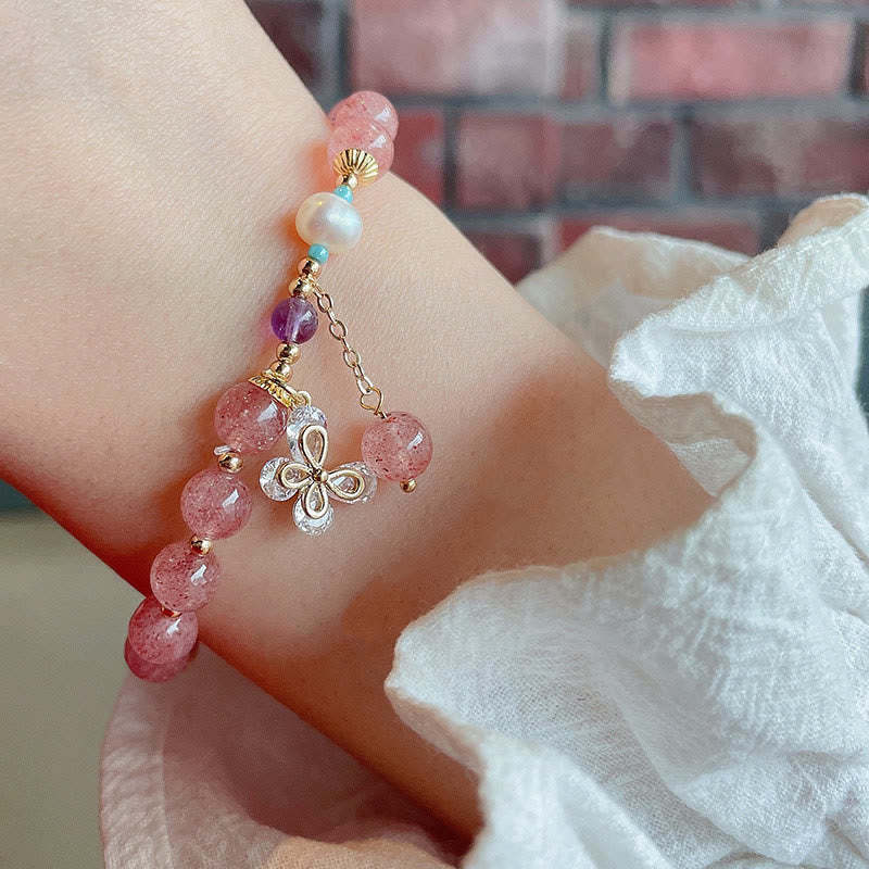 Natural Strawberry Quartz Green Strawberry Quartz Butterfly Charm Love Bracelet
