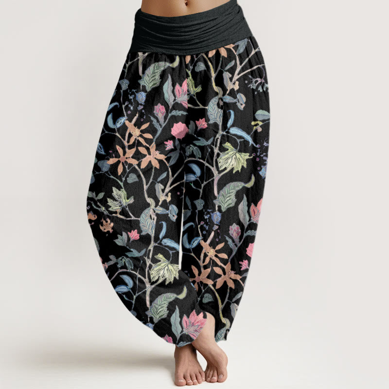 Floral Leaf Vine Design Women's Elastic Waist Harem Pants
