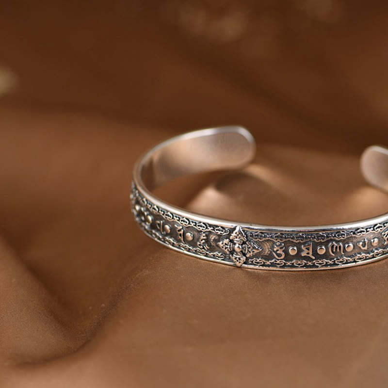 925 Sterling Silver Om Mani Padme Hum Double Dorje Engraved Wisdom Cuff Bracelet Bangle