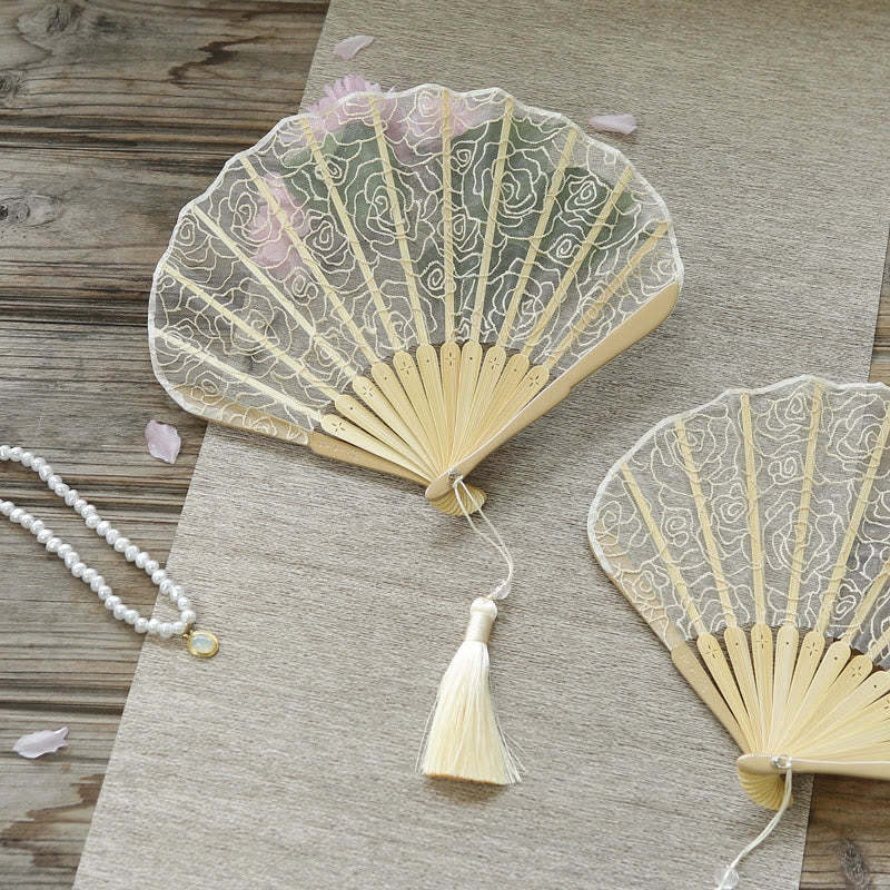 Rose Embroidery Lace Shell Shape Tassels Handheld Bamboo Folding Fan