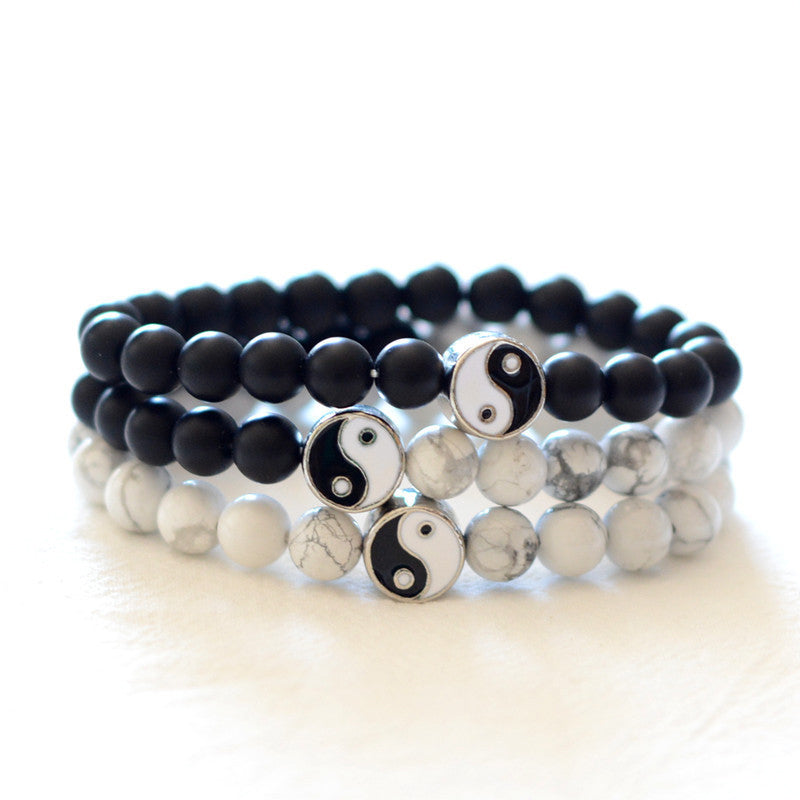 3pcs Natural White Turquoise Frosted Stone Bead Yin Yang Wealth Bracelet