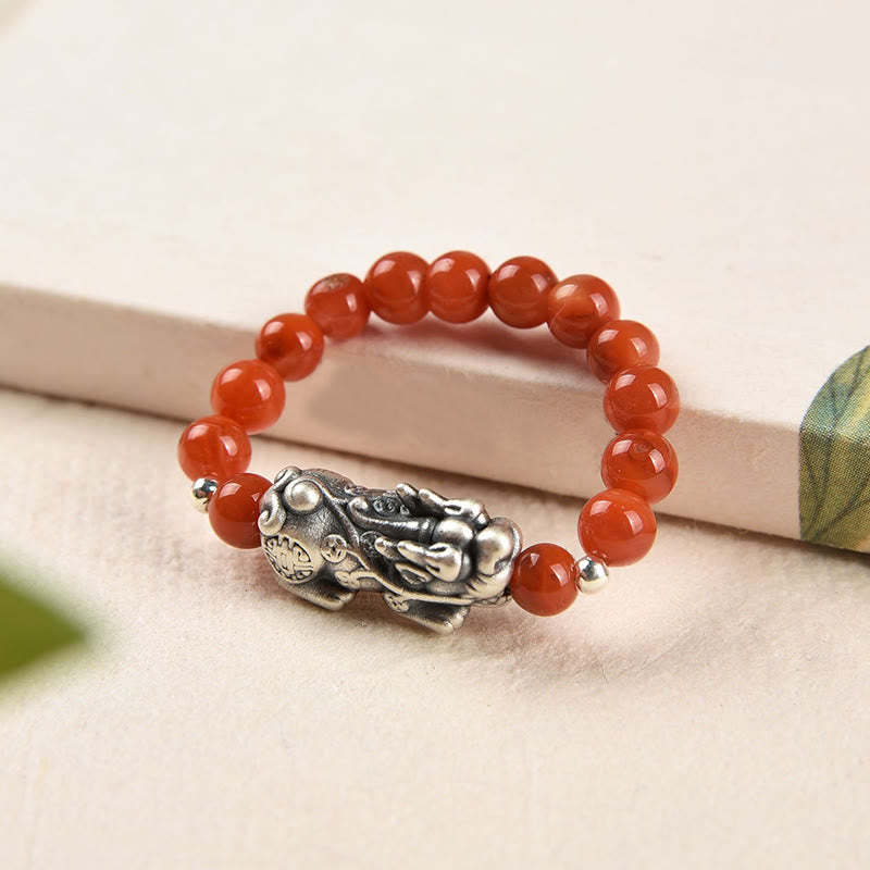 925 Sterling Silver Natural Garnet Moonstone Red Agate PiXiu Wealth Ring