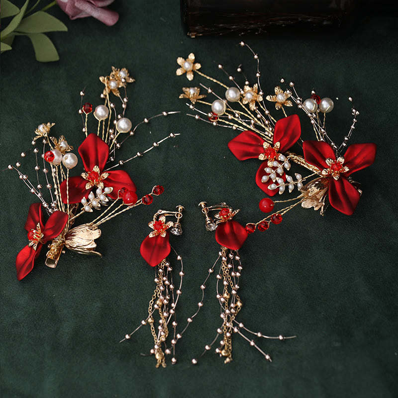 Chinese Wedding Bridal Red Flower Branche Pearl Hair Clip Set