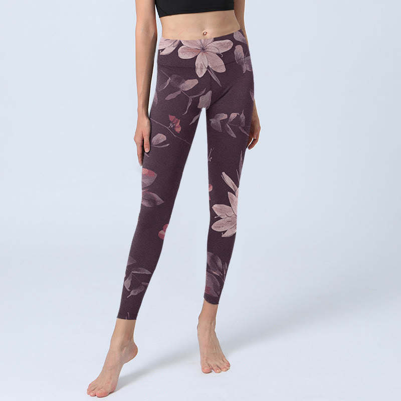 Purple White Flowers Leaves Blossom Print Gym Fitness Leggings Women's Yoga Pants