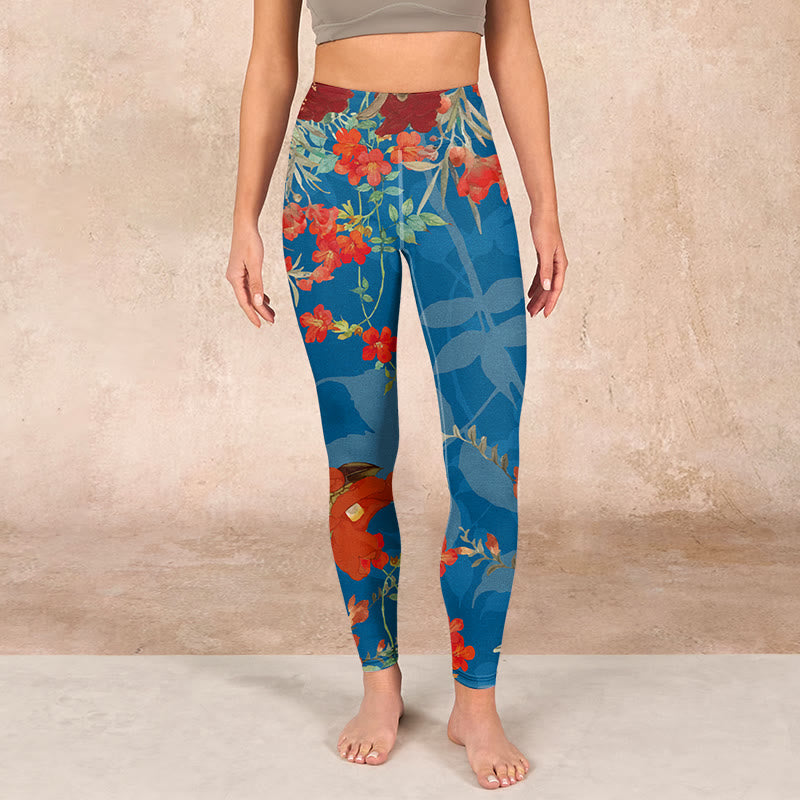 Blue Red Flowers Birds Print Gym Leggings Women's Yoga Pants