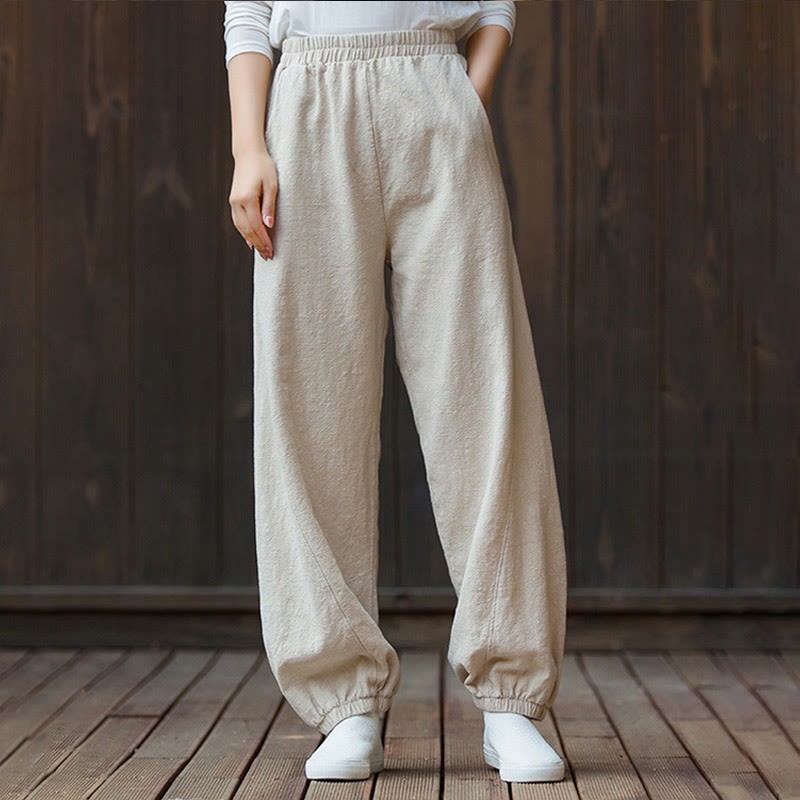 Casual Solid Plain Color Carrot Elastic Waistband Cotton Ramie Women's Pants With Pockets
