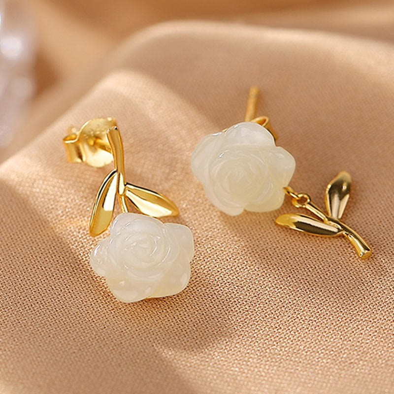 925 Sterling Silver Plated Gold Jade Rose Flower Cyan Jade Pearl Luck Earrings