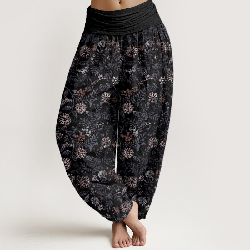 Casual New York Aster Flowers Leaves Design Women's Elastic Waist Harem Pants
