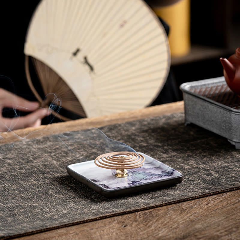 Mountain Lake Flower Leaf Healing Ceramic Plate Tray Stick Incense Burner Decoration