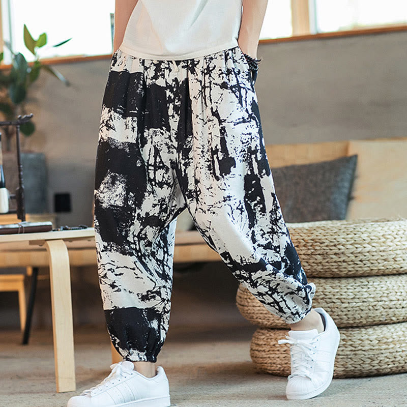 Black White Ink Design Cotton Linen Drawstring Men's Harem Pants With Pockets