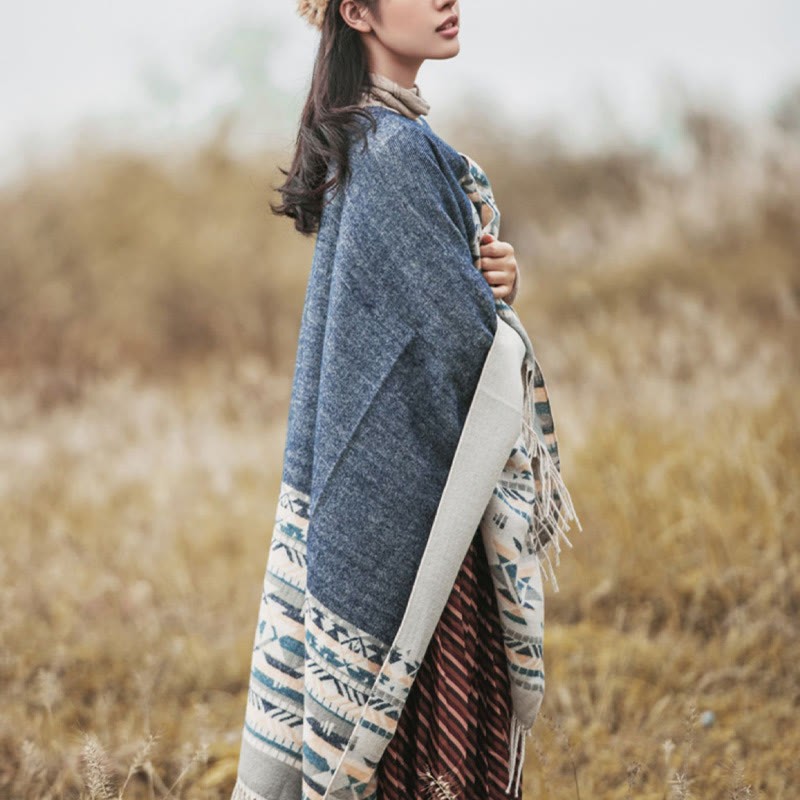 Tibetan Geometric Rhombus Pattern Tassels Shawl Fall Winter Warm Cozy Scarf Wrap