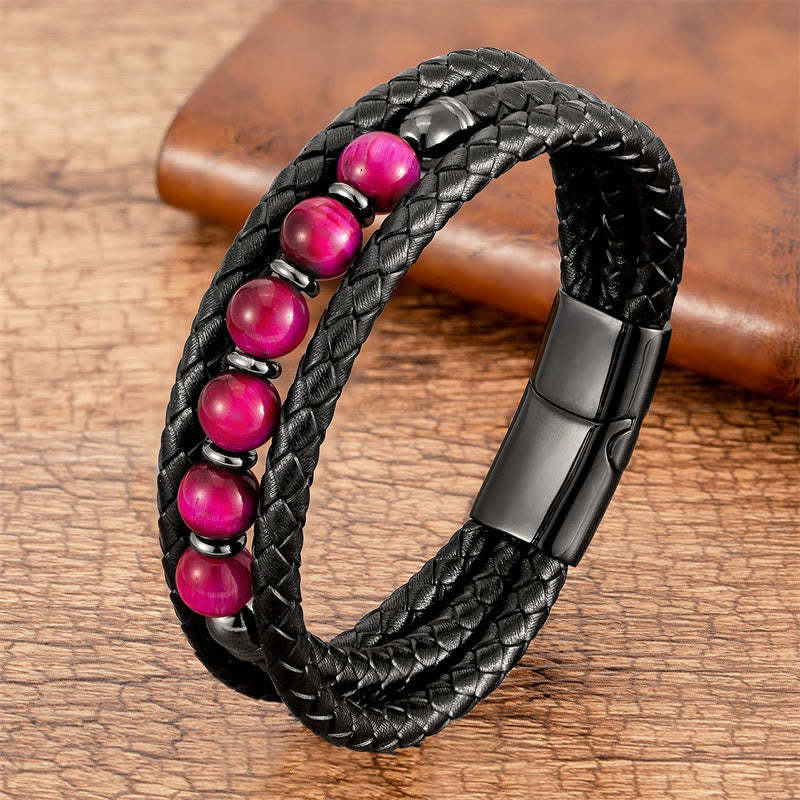Tiger Eye Lava Rock Hematite Black Onyx Bead Positive Leather Bracelet