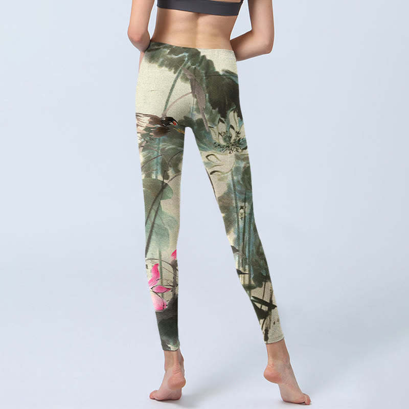 Lotus Bamboo Leaves Print Gym Leggings Women's Yoga Pants