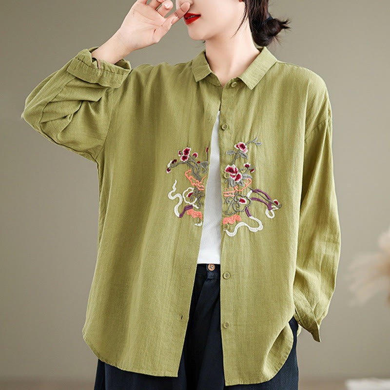 Flower Embroidery Long Sleeve Cotton Linen Women's Shirts