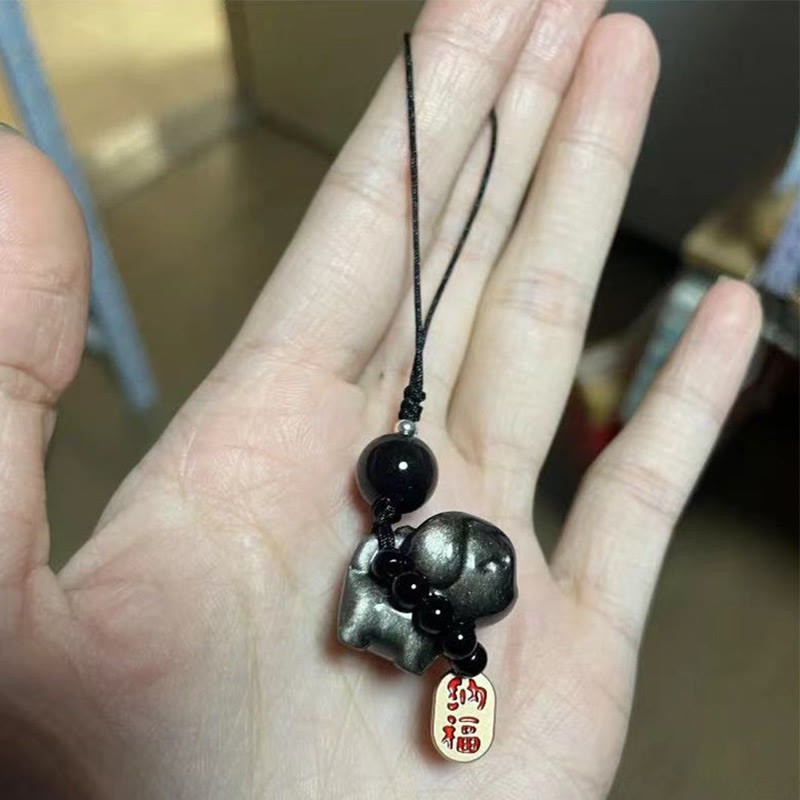 mystic zen Stone Silver Sheen Obsidian Puppy Dog Fu Character Protection Necklace Phone Hanging Decoration