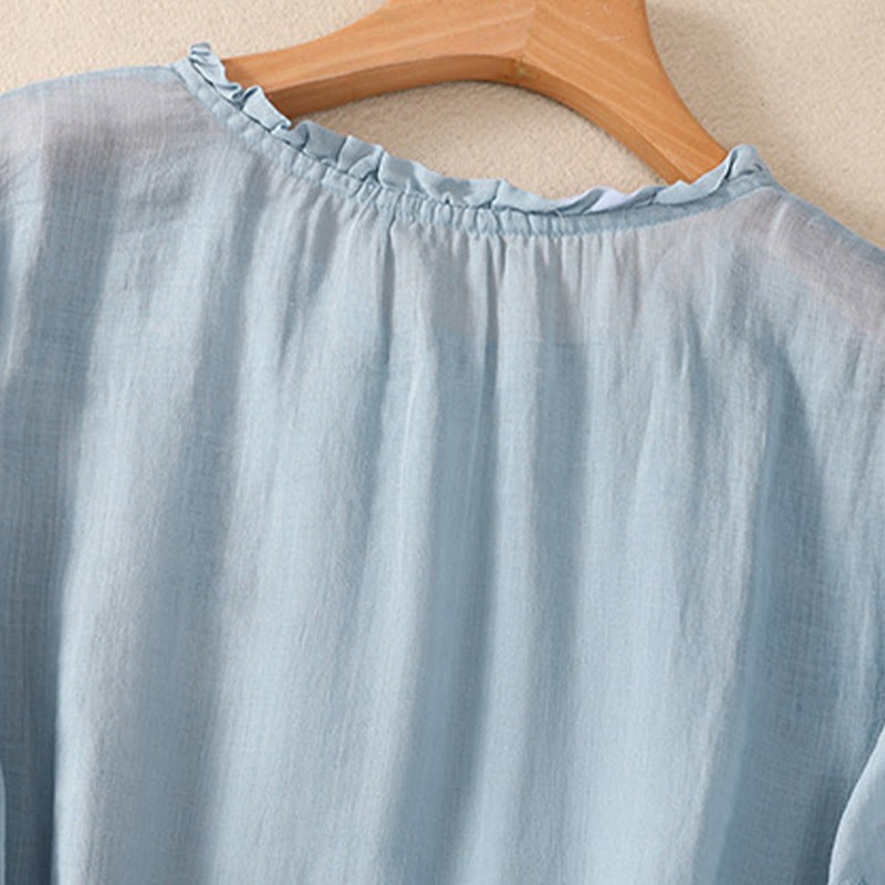 Casual Plain Button Floral Embroidered Design Puff Half Sleeve Cotton Linen Women's Shirt