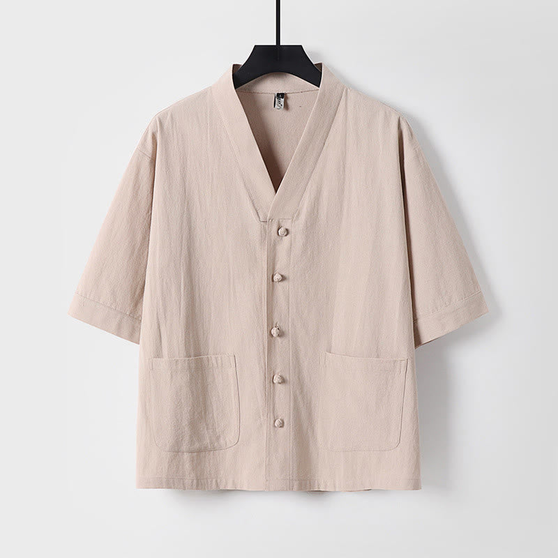 Casual Plain Color Three Quarter Sleeve Front Button Cotton Linen Men's Shirt With Pockets
