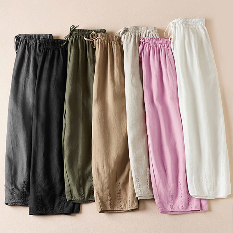 Summer Small Flower Embroidery Cotton Linen Harem Pants With Pockets