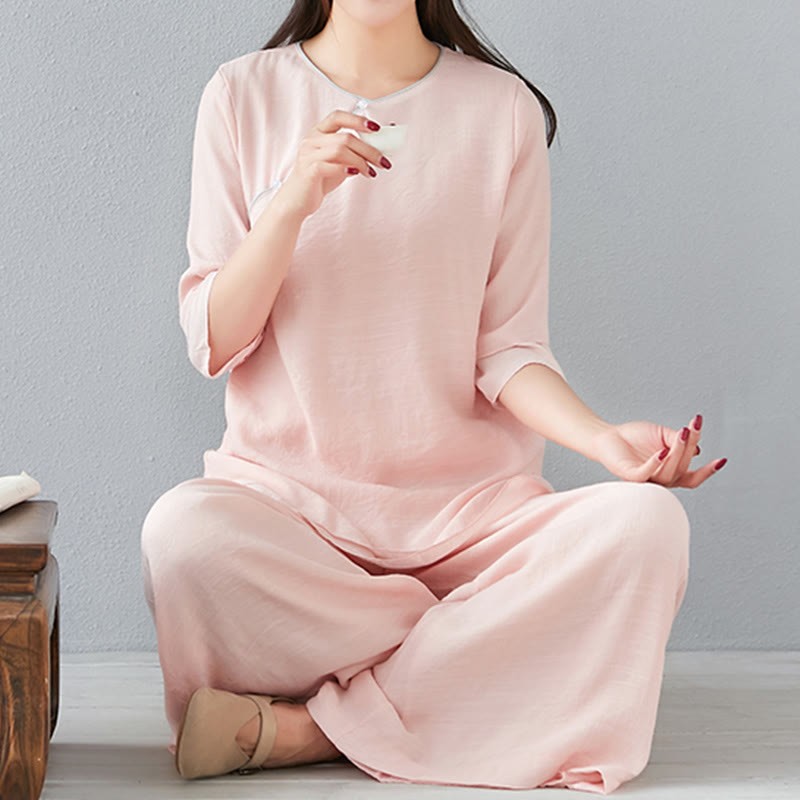 2Pcs Three Quarter Sleeve Long Sleeve Shirt Wide Leg Pants Meditation Cotton Linen Clothing Women's Set