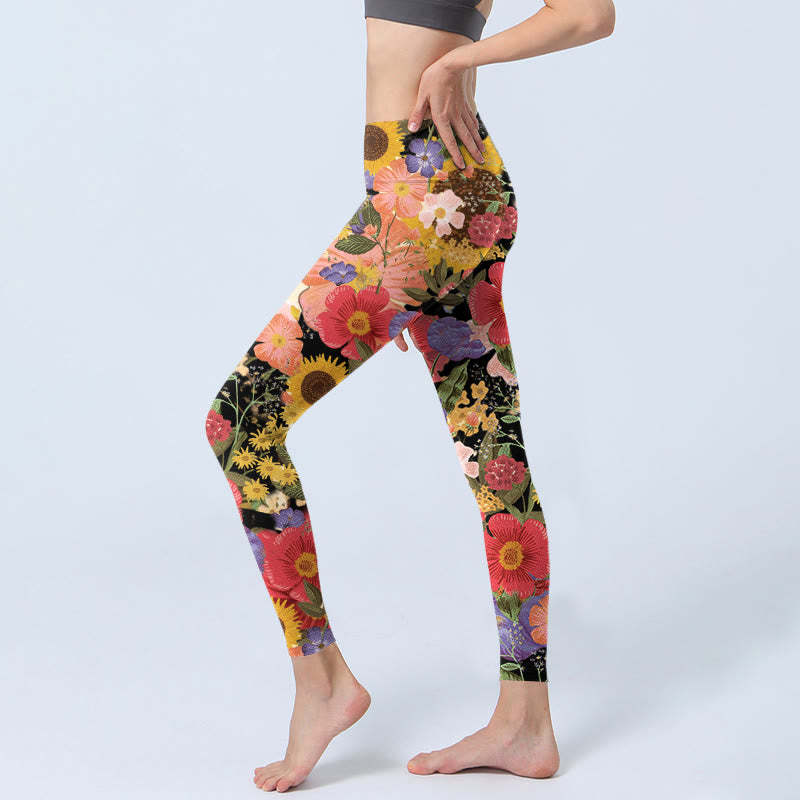 Sunflowers Pink Purple Flowers Print Sports Fitness Leggings Women's Yoga Pants