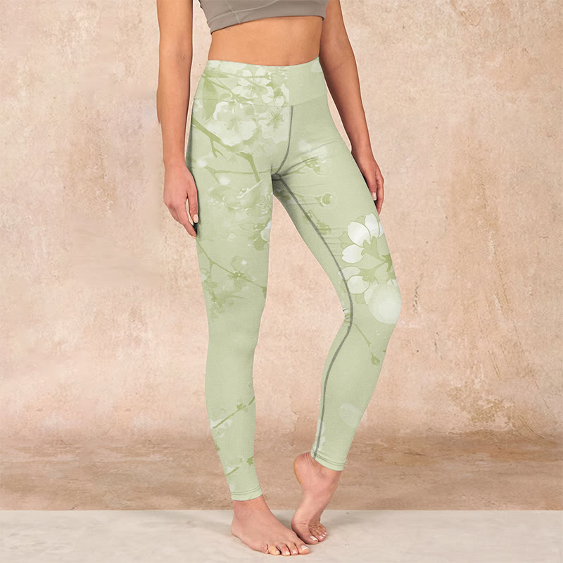 White Plum Blossoms Print Gym Leggings Women's Yoga Pants
