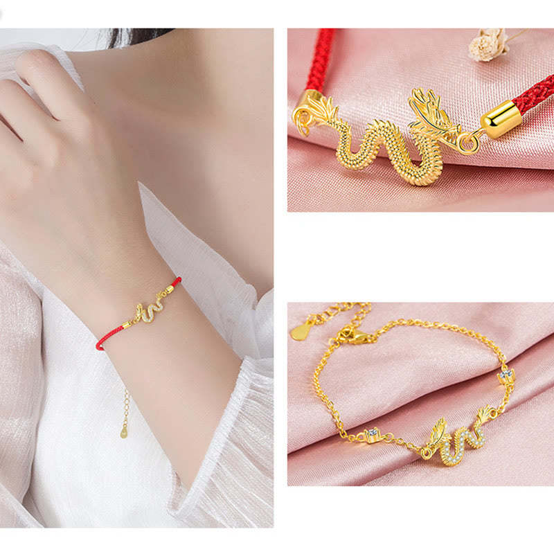 925 Sterling Silver Year Of The Dragon Auspicious Golden Dragon Luck Red Rope Chain Bracelet (Extra 30% Off | USE CODE: FS30)