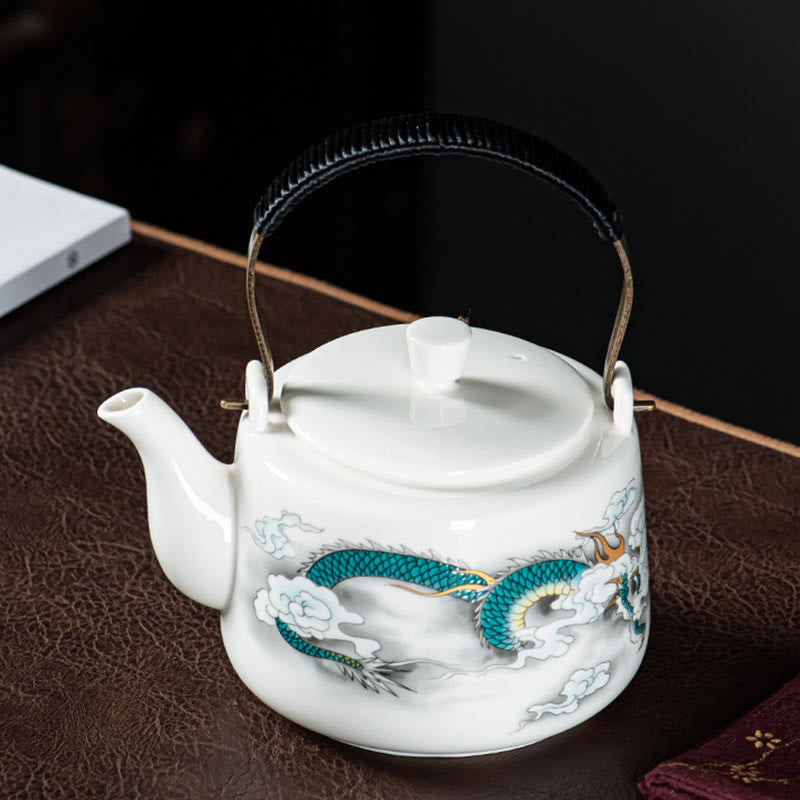 Vintage Dragon Mountain Fisherman Landscape White Porcelain Ceramic Kung Fu Teapot