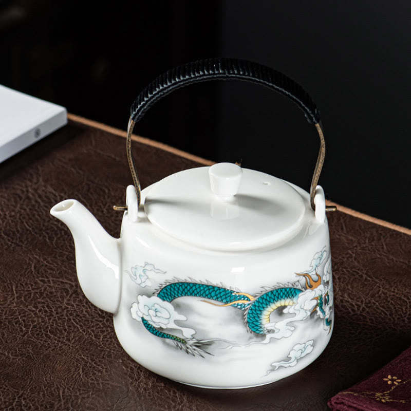 Vintage Dragon Mountain Fisherman Landscape White Porcelain Ceramic Kung Fu Teapot