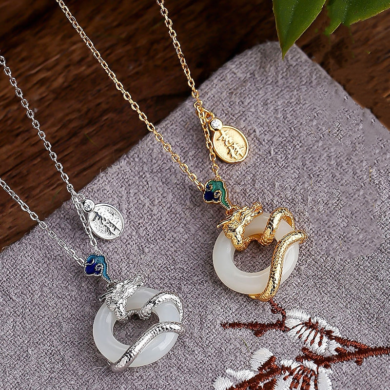 Year Of The Dragon 925 Sterling Silver Hetian White Jade Peace Buckle Auspicious Clouds Success Necklace Pendant