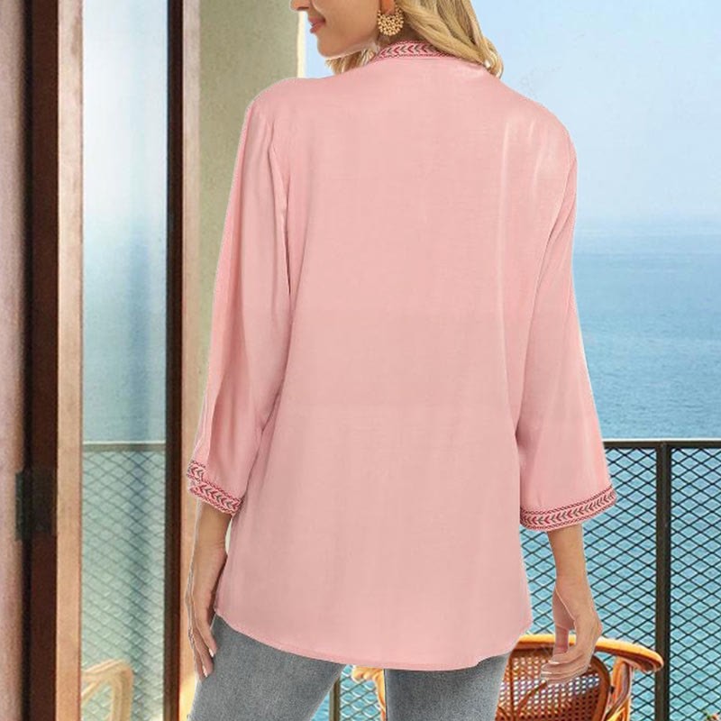 Pure Color Embroidery Flower Design Long Sleeve V-Neck Cotton Women's T-Shirt