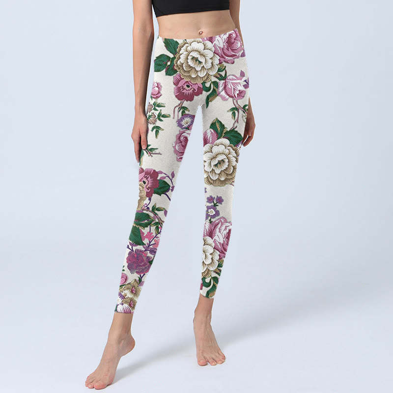 Red White Peony Flower Print Sports Leggings Women's Yoga Pants
