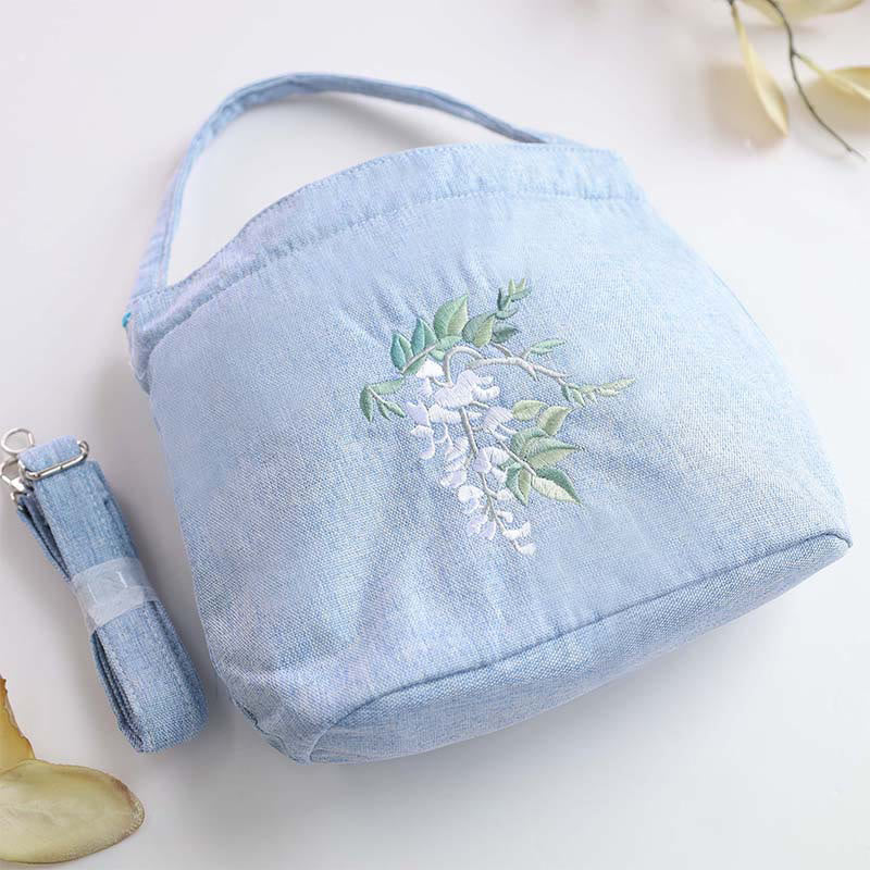 Embroidery Wisteria Plum Lotus Cherry Blossom Cotton Linen Canvas Tote Crossbody Bag Shoulder Bag Handbag