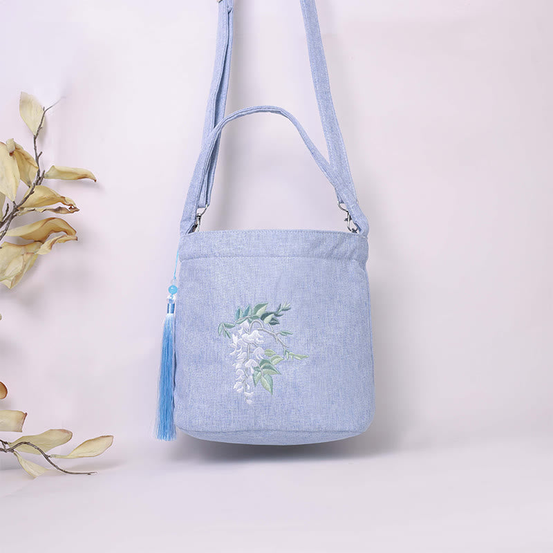 Embroidery Wisteria Plum Lotus Cherry Blossom Cotton Linen Canvas Tote Crossbody Bag Shoulder Bag Handbag