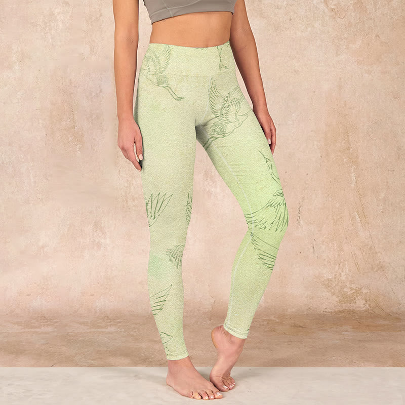 Light Yellow Crane Print Sports Leggings Women's Yoga Pants