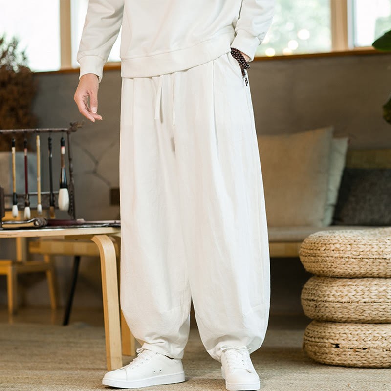 Solid Color Cotton Linen Drawstring Men's Harem Pants With Pockets