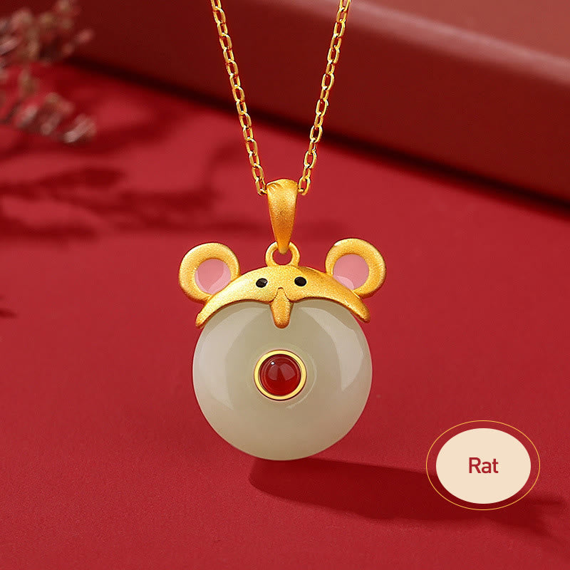 925 Sterling Silver Hetian Jade Chinese Zodiac Year of the Dragon Red Agate Luck Protection Necklace Pendant (Extra 30% Off | USE CODE: FS30)