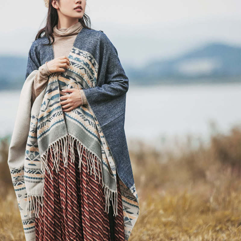 Tibetan Geometric Rhombus Pattern Tassels Shawl Fall Winter Warm Cozy Scarf Wrap