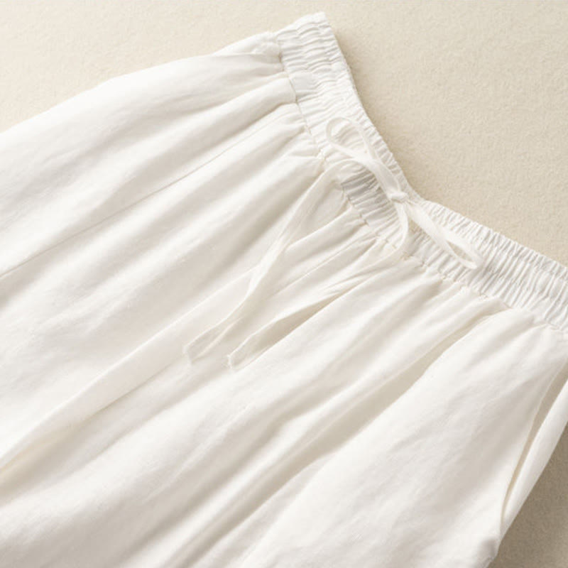 Plain Color Cropped Pants Cotton Linen Women's Wide Leg Pants With Pockets