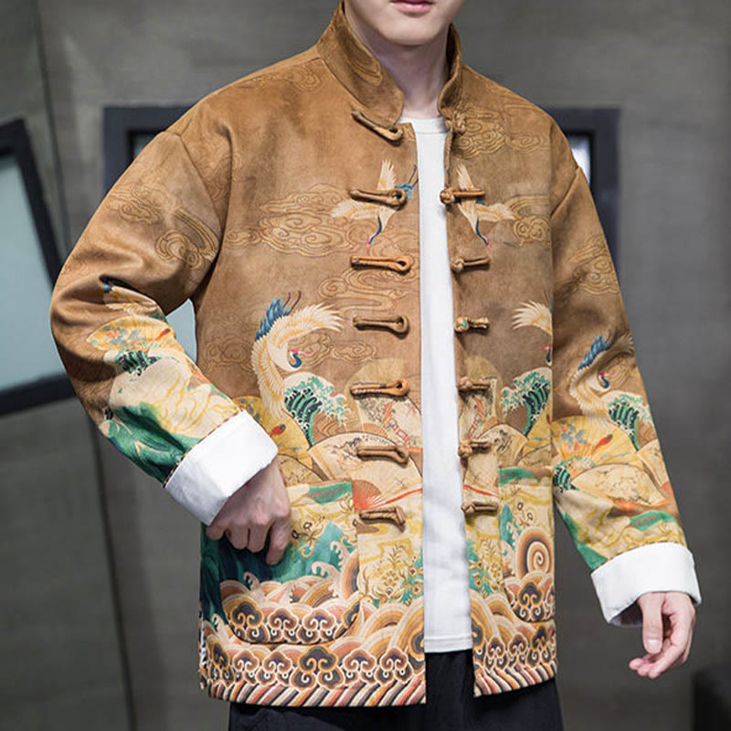Frog-Button Chinese Tang Suit Crane Character Long Shirt Cotton Suede Men Jacket Clothing