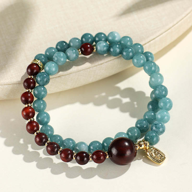 Blue Chalcedony Green Sandalwood Small Leaf Red Sandalwood Double Wrap Emotional Balance Bracelet