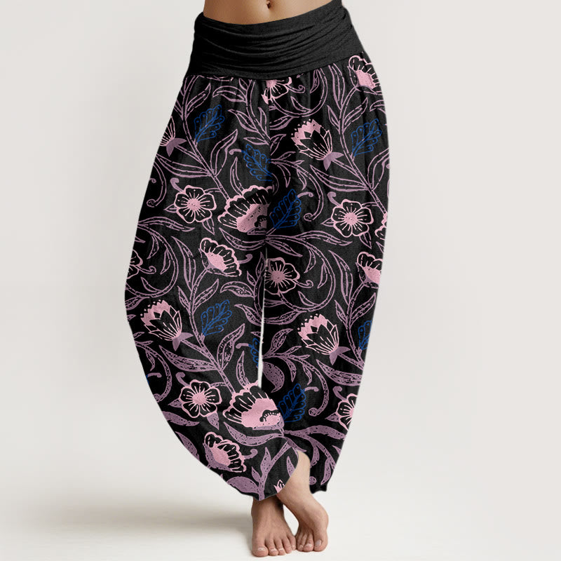 Casual Tulips Flower Vines Design Women's Elastic Waist Harem Pants