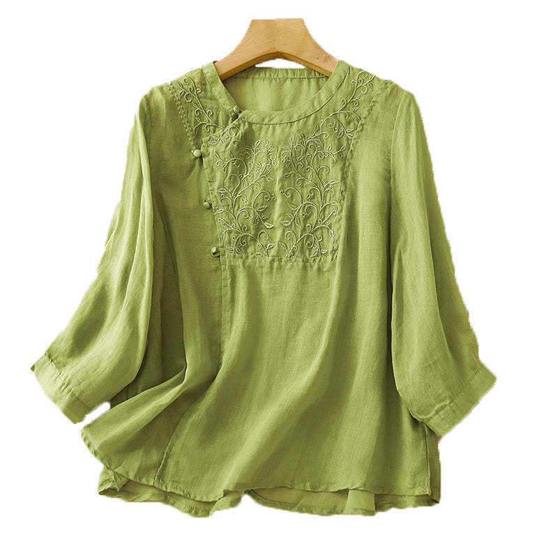 Plain Frog-Button Embroidery Vine Long Sleeve Slanted Collar Cotton Linen Women's Shirt