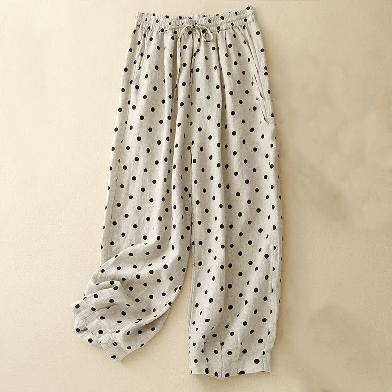 Casual Black Polka Dots Drawstring Cotton Linen Women's Pants With Pockets