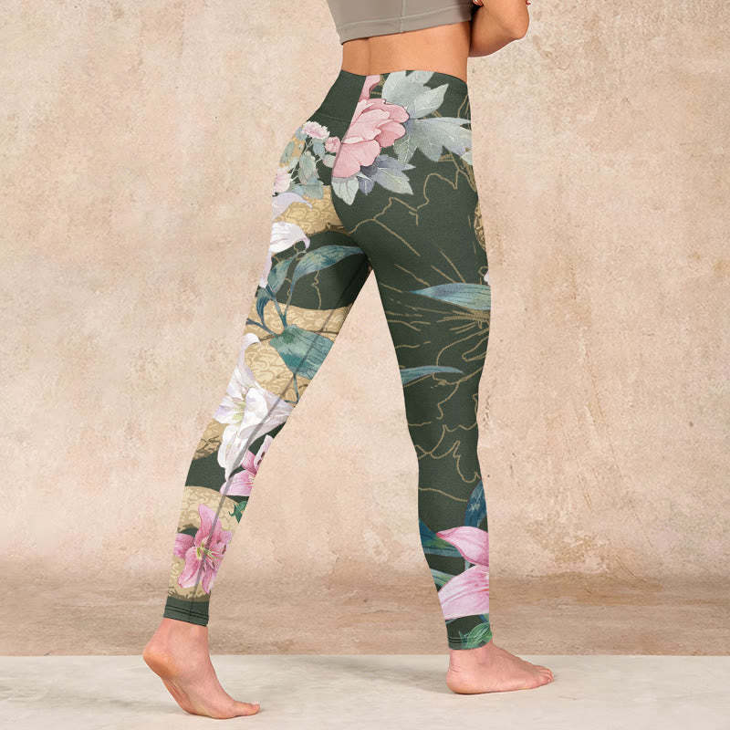 Green Golden Snake Lily Peony Flowers Print Gym Leggings Women's Yoga Pants