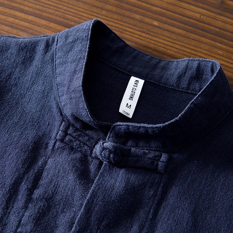 Frog-Button Chinese Tang Suit Ramie Linen Cotton Men Jacket Shirt With Pockets