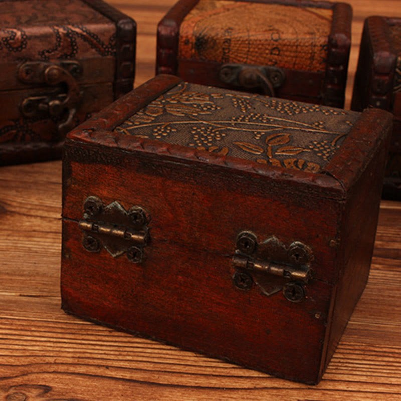 Retro Small Square Wood Jewelry Box Lotus Grass Flower Grape Copper Coin Daffodil Jewelry Storage Box