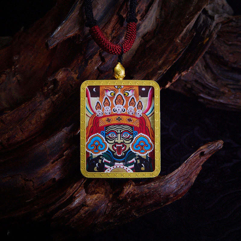 Tibetan Zakiram Nine-Tailed Fox Yellow God of Wealth Painted Thangka Hope Necklace Pendant
