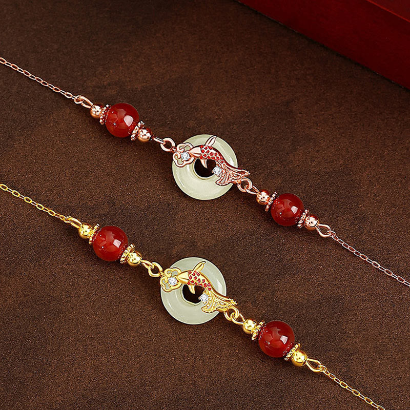 Natural Hetian Jade 925 Sterling Silver Plated Gold Red Agate Beads Koi Fish Peace Buckle Luck Bracelet
