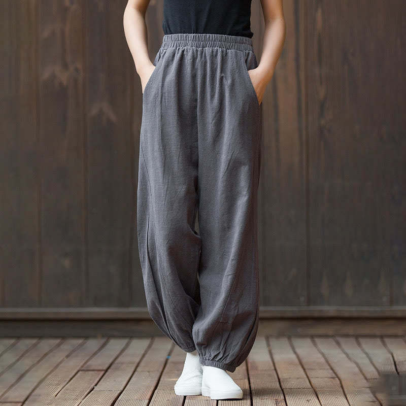 Casual Solid Plain Color Carrot Elastic Waistband Cotton Ramie Women's Pants With Pockets